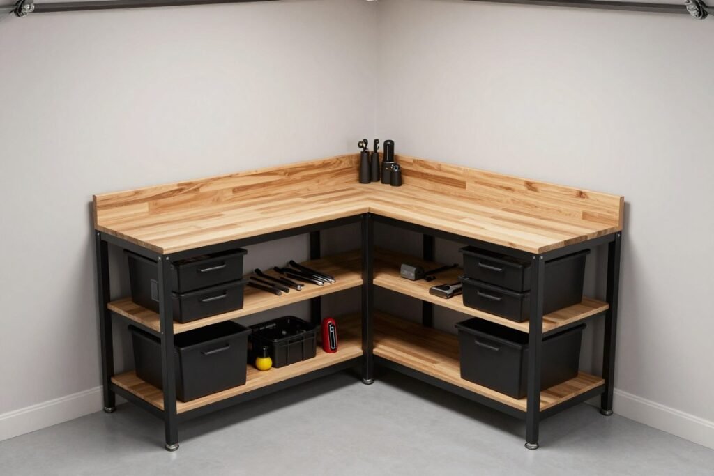 L-shaped corner garage workbench with integrated storage