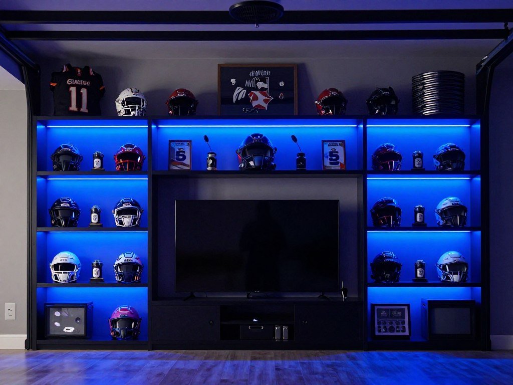 LED accent lighting in a garage man cave with sports memorabilia