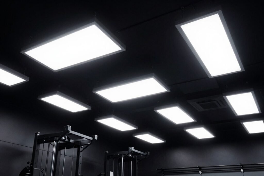 LED shop lights installed in black garage gym ceiling