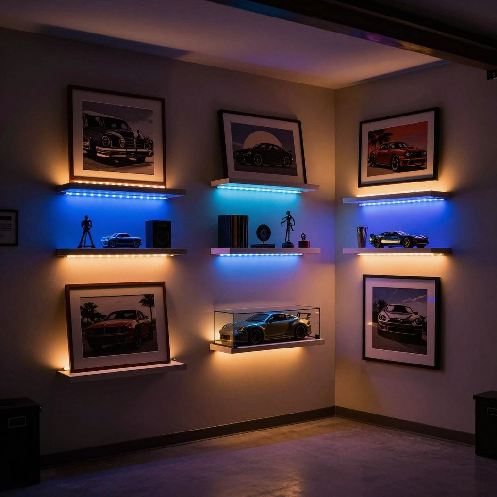 LED strip lighting creating ambient effects around garage art displays LED strip lighting creating ambient effects around garage art displays