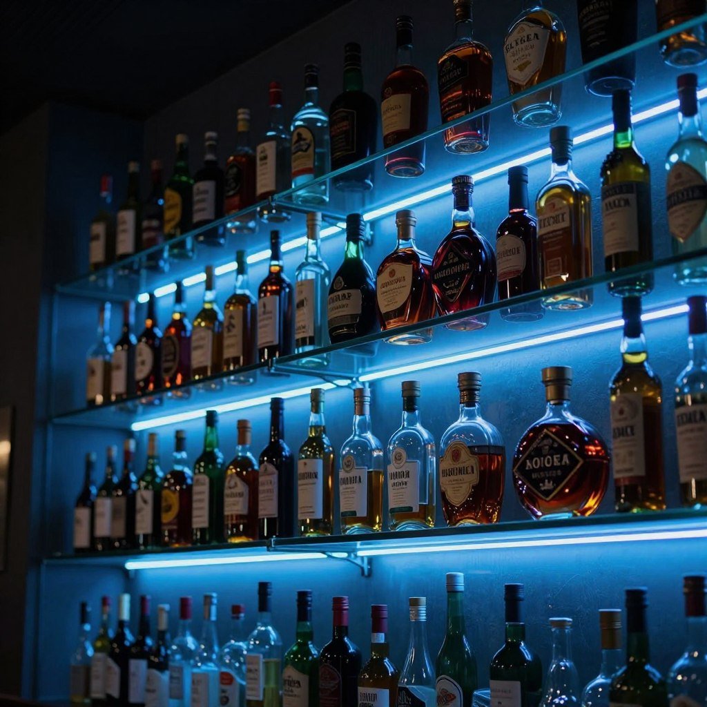 LED strip lighting highlighting bottle display