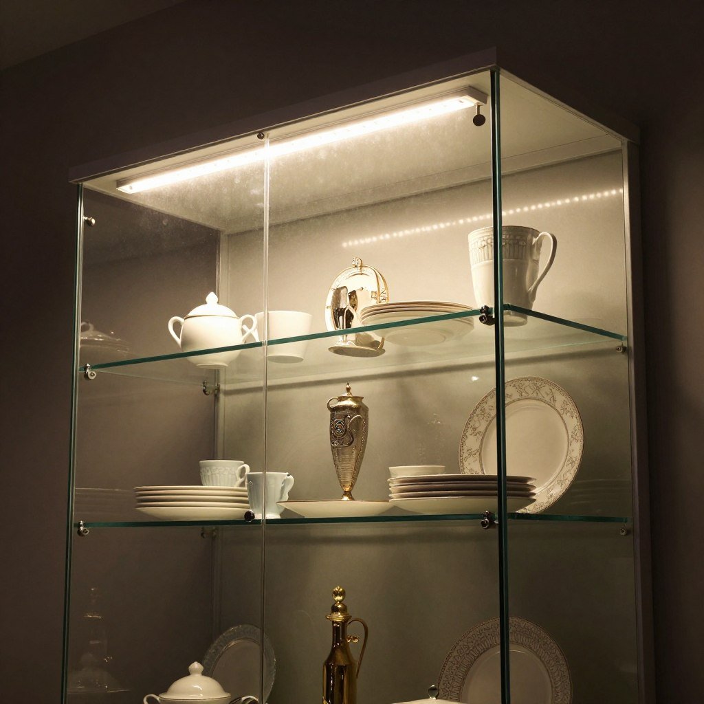 LED strip lights illuminating interior of glass cabinet