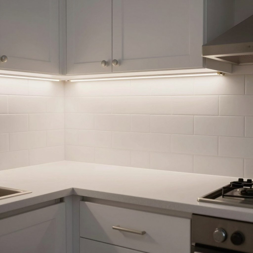 LED strip lights installed under kitchen cabinets