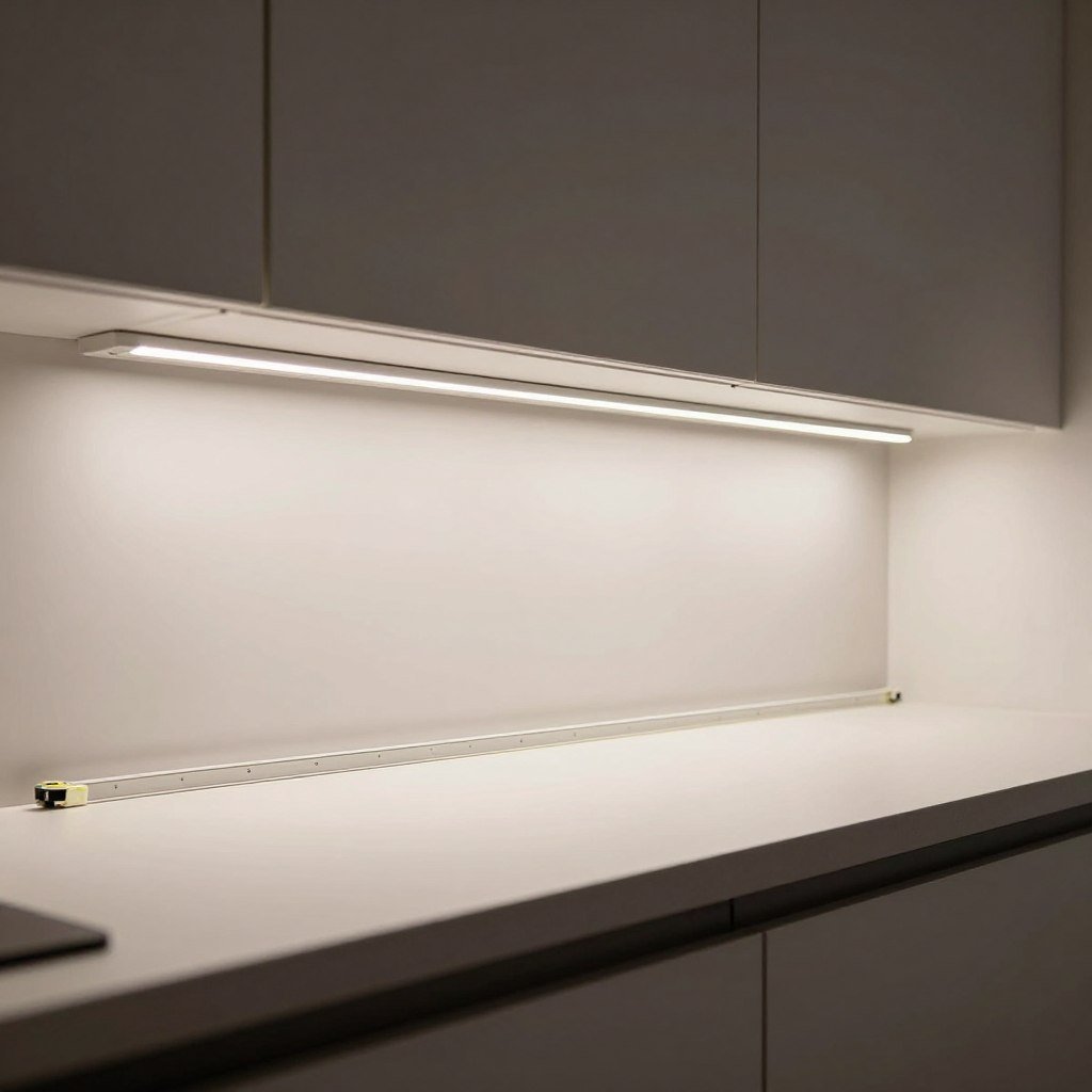 LED strip lights installed under kitchen cabinets