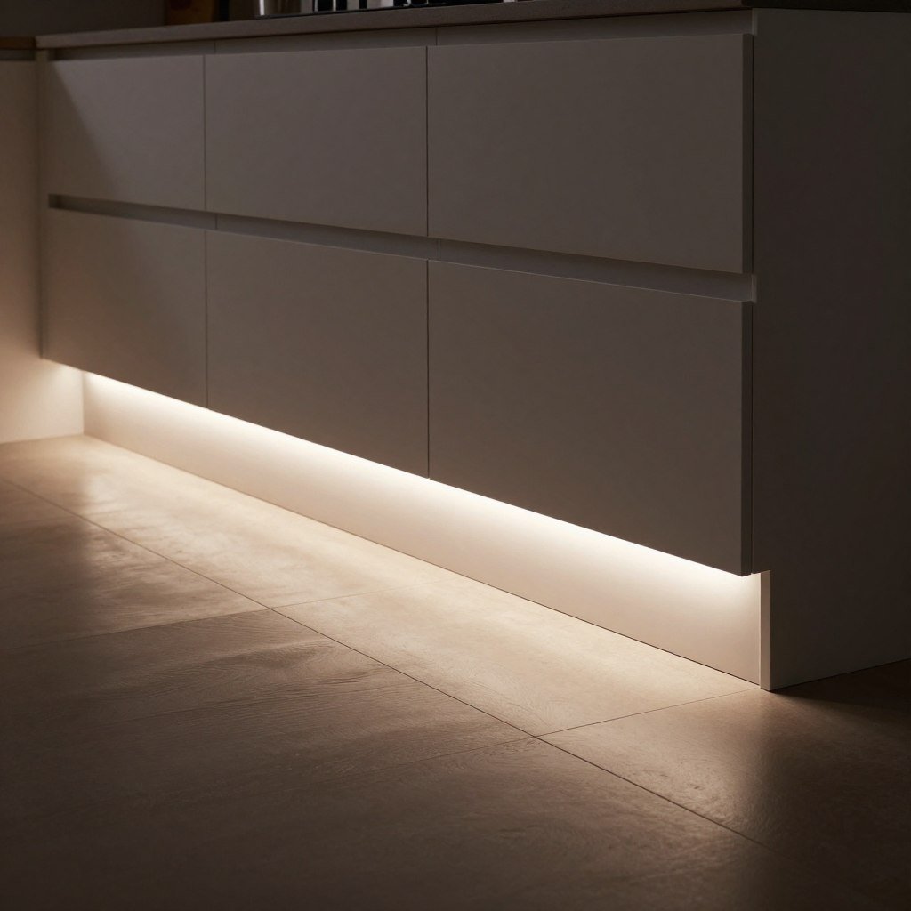 LED toe kick lighting creating floating effect for kitchen cabinets