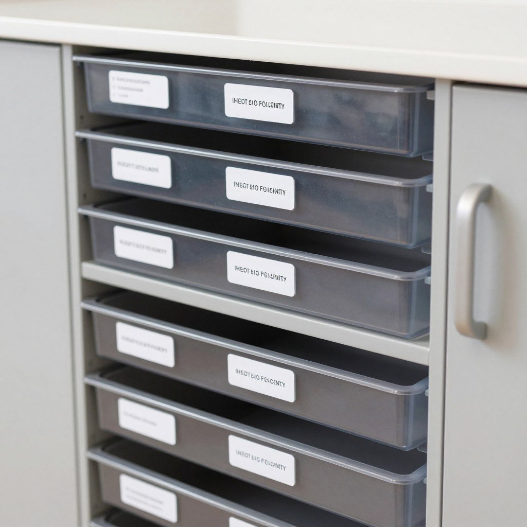 Labeled garage cabinet drawers and doors for easy identification