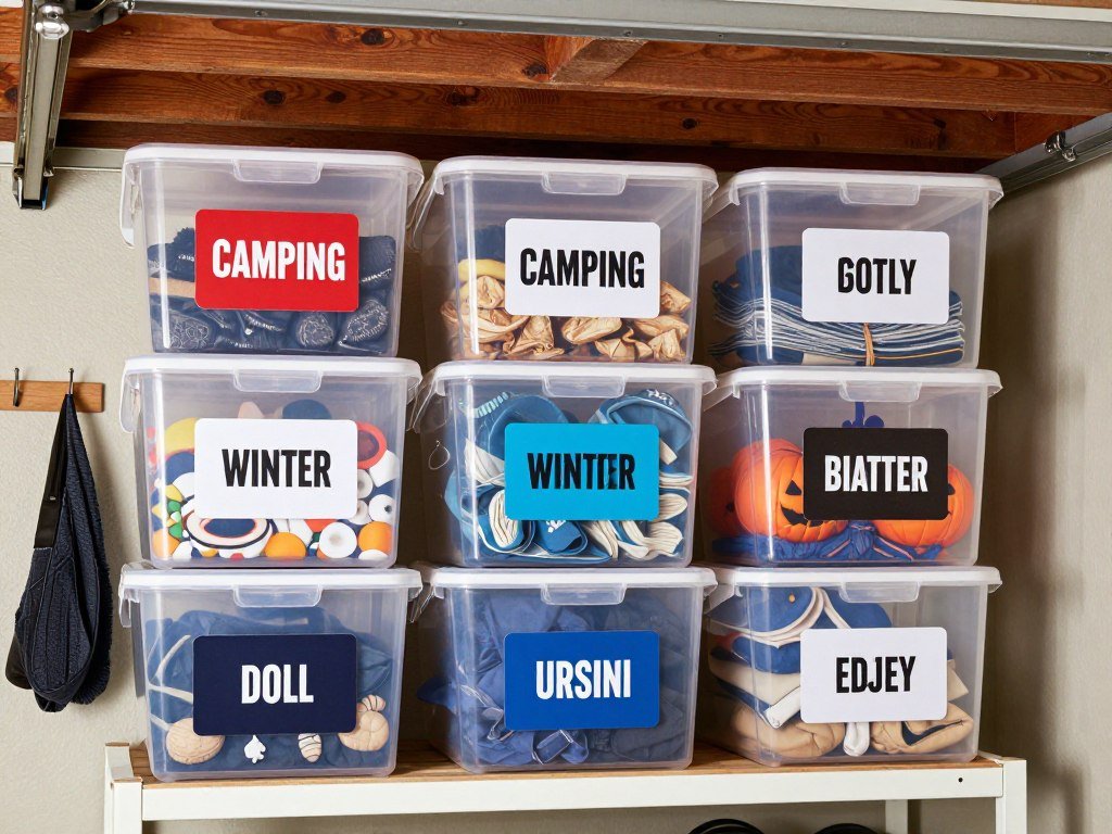 Labeled storage bins and organization system in a garage loft