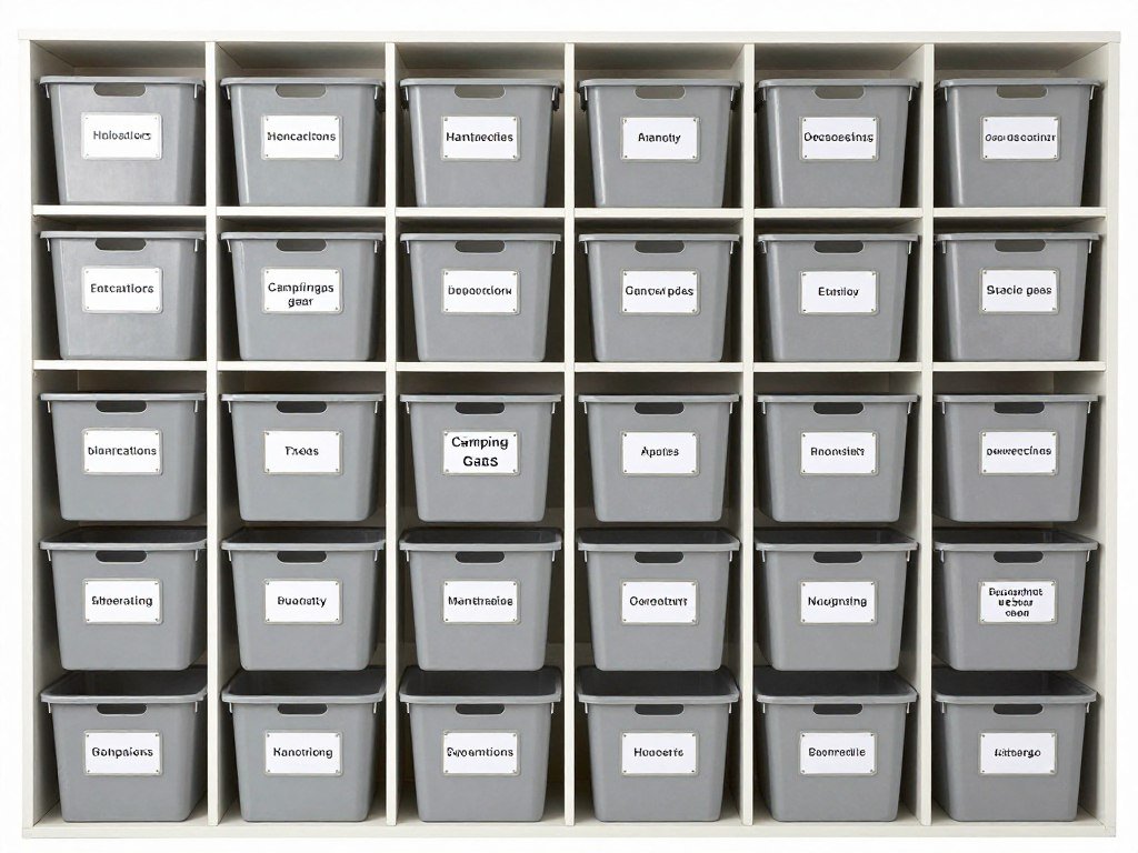 Labeled storage bins organized by category on garage shelving Labeled storage bins organized by category on garage shelving
