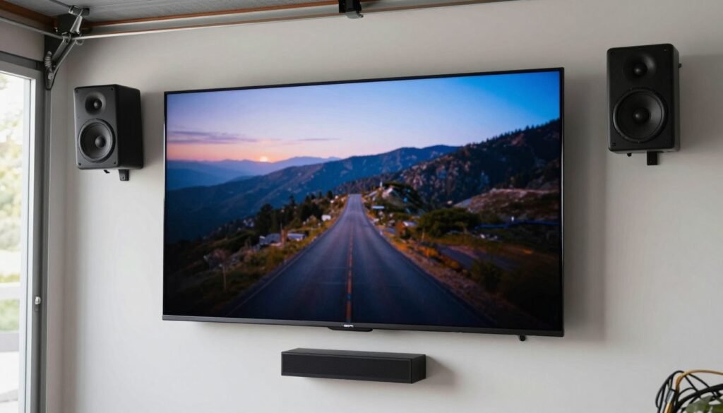 Large screen TV with surround sound system in a garage man cave
