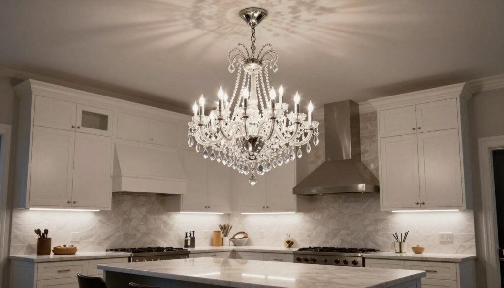 Large statement chandelier hanging over kitchen island