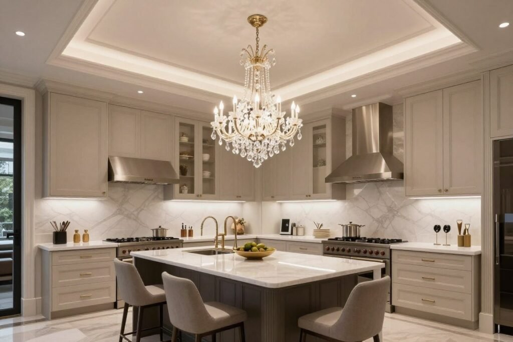 Large statement chandelier over kitchen island