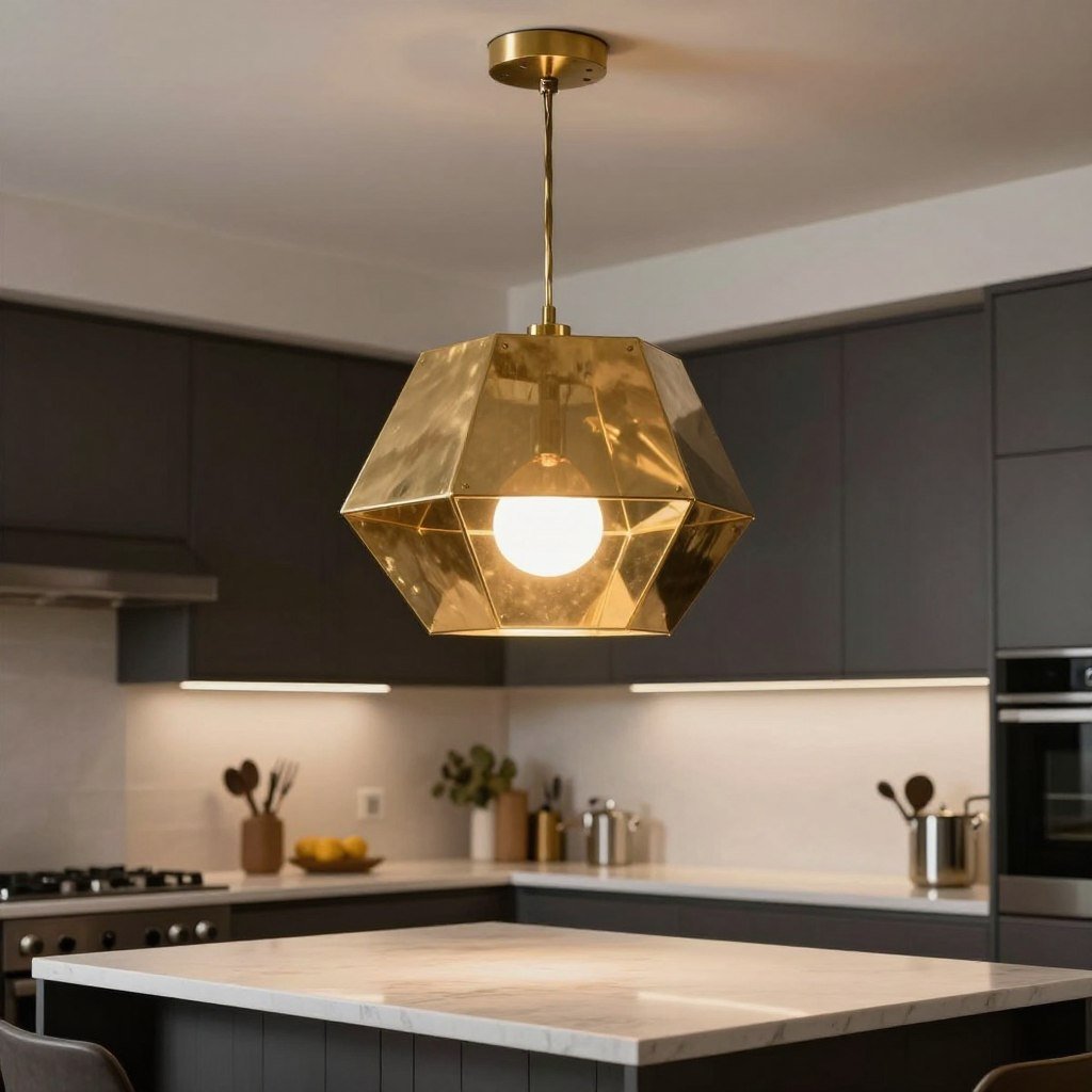 Large statement pendant light centered over small kitchen island