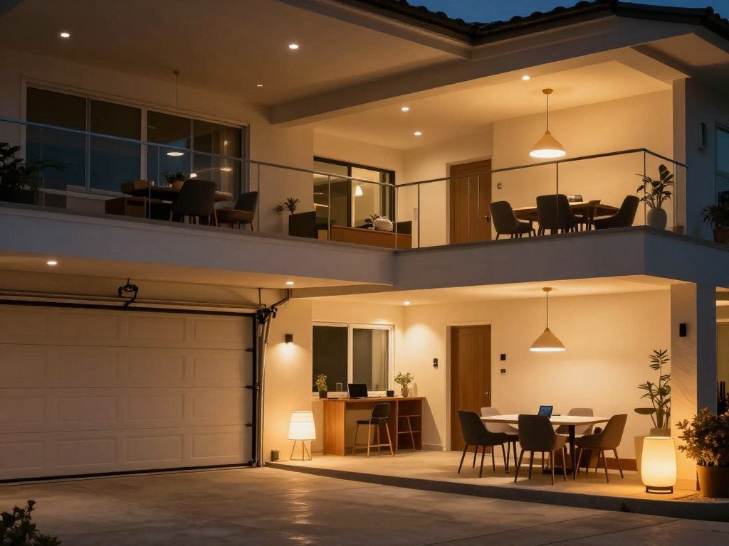 Layered artificial lighting in an above garage apartment interior with ambient, task, and accent lighting