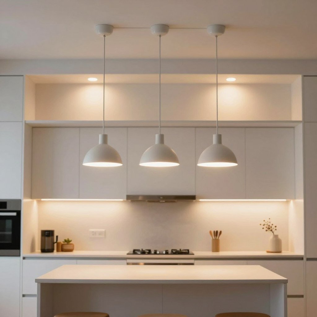 Layered kitchen lighting with multiple light sources at different levels