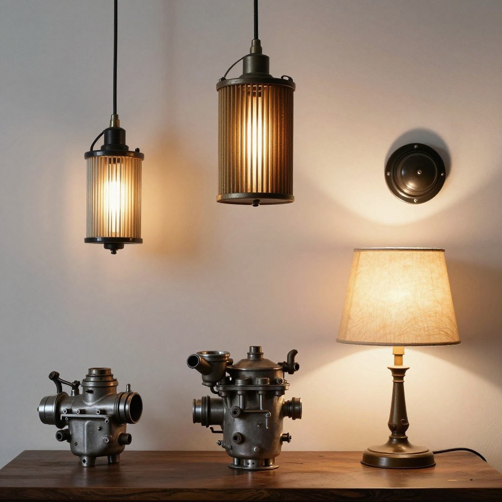 Lighting fixtures made from oil filters, carburetors and other automotive components Lighting fixtures made from oil filters, carburetors and other automotive components