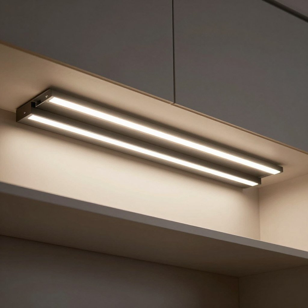 Linear LED light fixtures mounted under kitchen cabinets