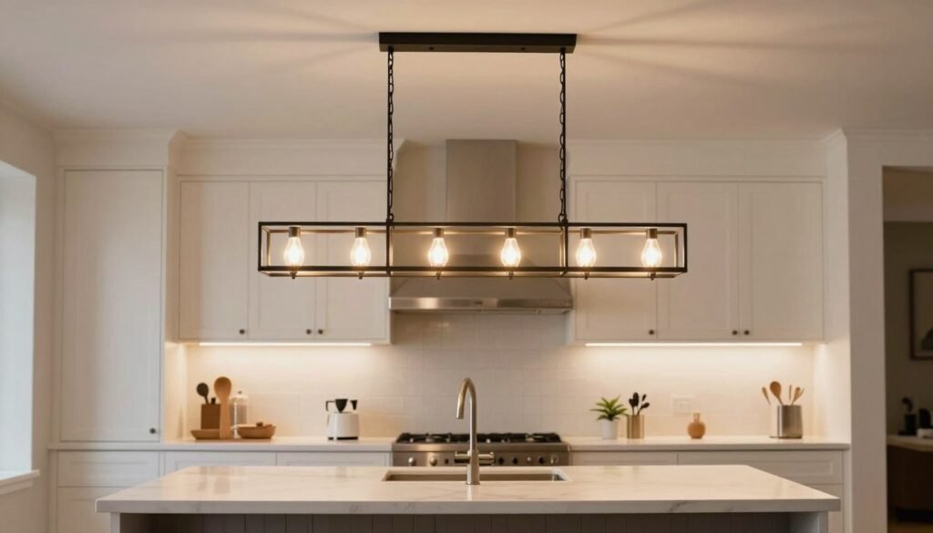 Linear chandelier hanging over a kitchen island providing both style and function