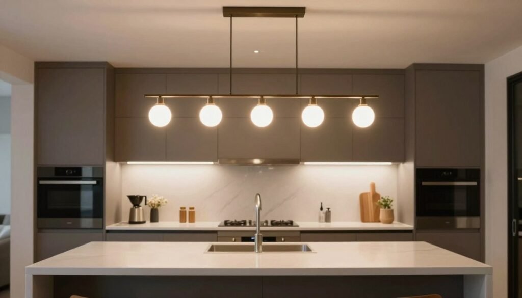 Linear chandelier with five lights hanging over a large kitchen island