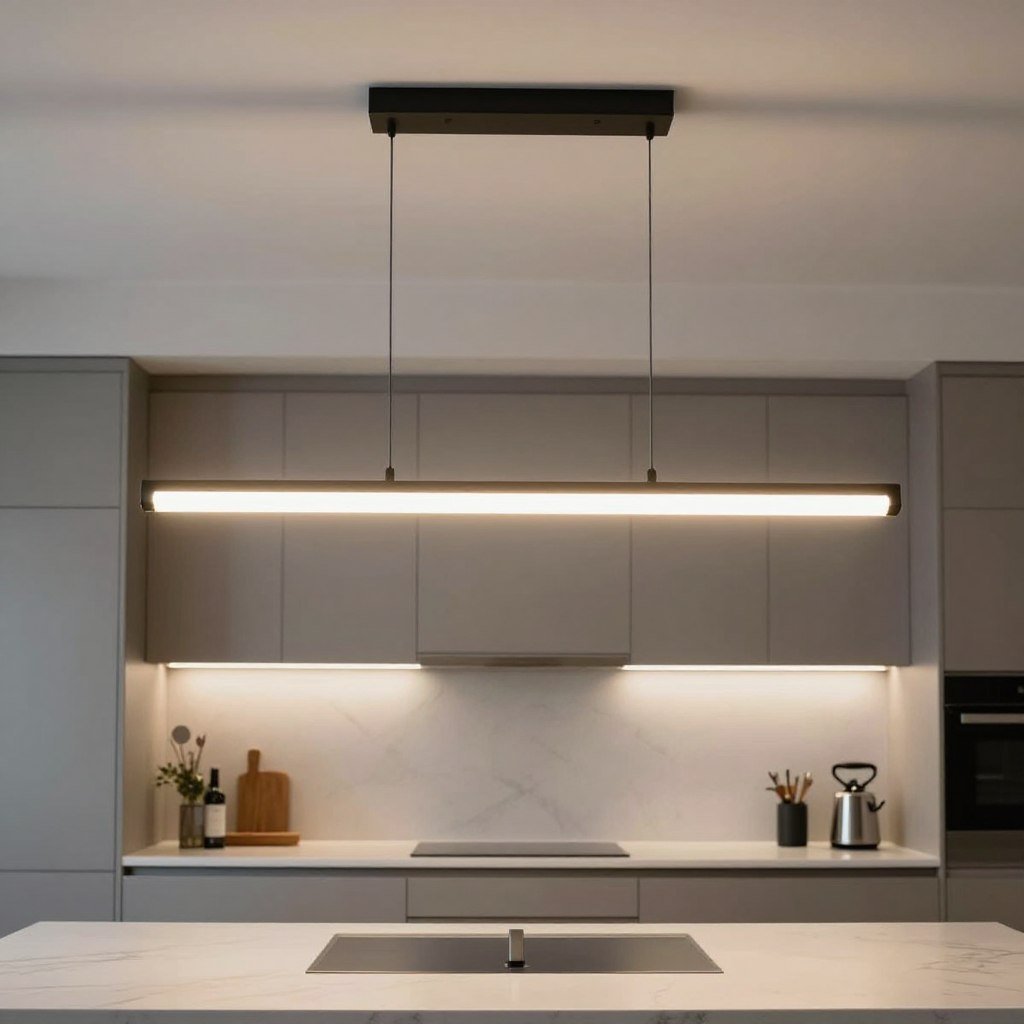 Linear pendant light fixture centered over a galley kitchen workspace Linear pendant light fixture centered over a galley kitchen workspace