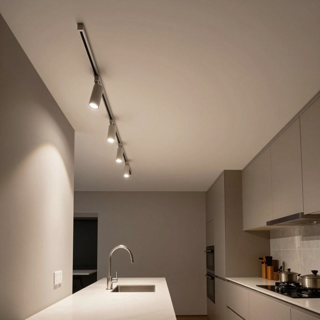 Linear track lighting system along galley kitchen countertop