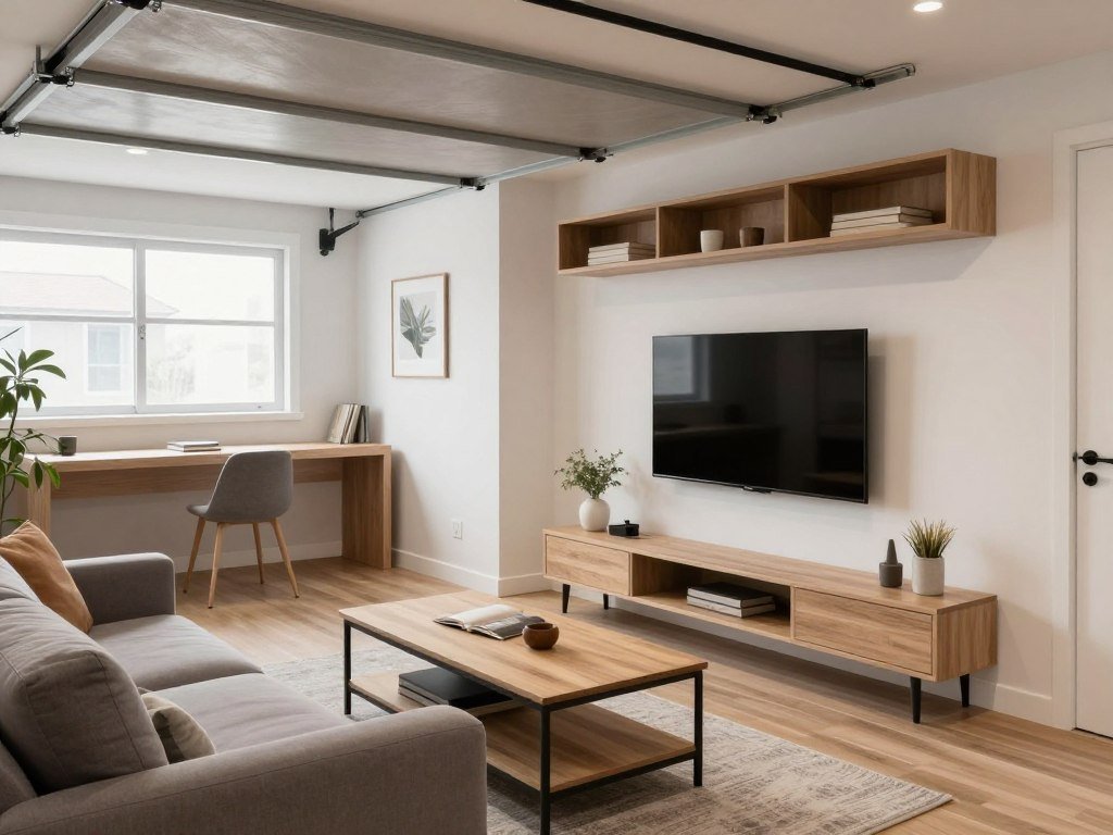 Living area in an above garage apartment interior with comfortable seating and multifunctional elements
