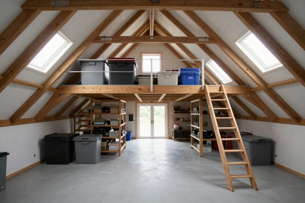 Loft area in a barn style garage showing storage organization and access Loft area in a barn style garage showing storage organization and access