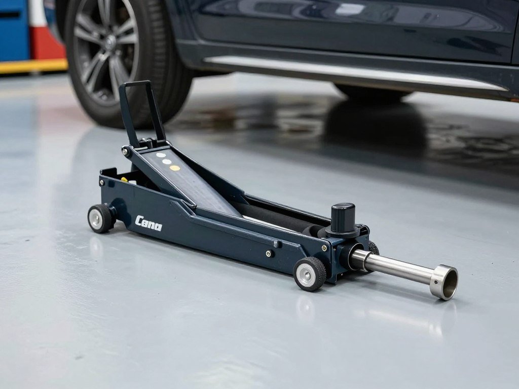 Low-profile floor jack and jack stands in mechanic garage