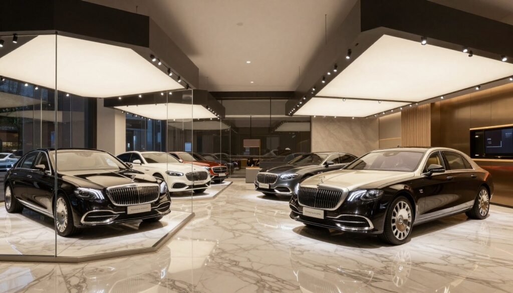 Luxury Bloxburg garage showcase with spotlights, polished floors, and premium vehicles on display