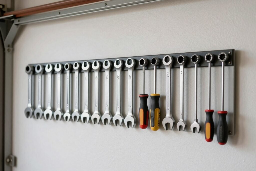 Magnetic tool holder strip with wrenches and metal tools attached