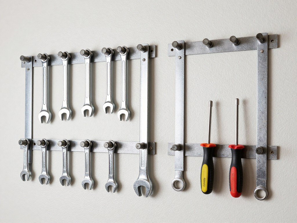 Magnetic tool strips holding metal tools on garage wall Magnetic tool strips holding metal tools on garage wall