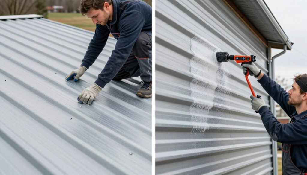 Maintenance activities for a pole barn garage including roof inspection and siding cleaning