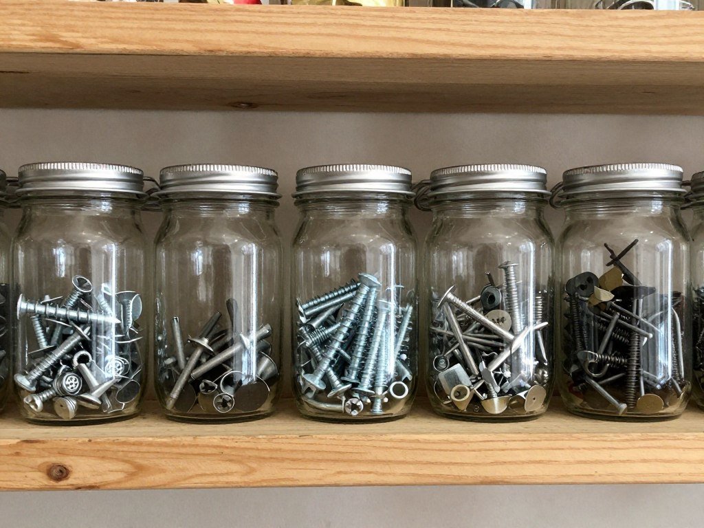 Mason jars mounted under shelf storing various hardware and small parts