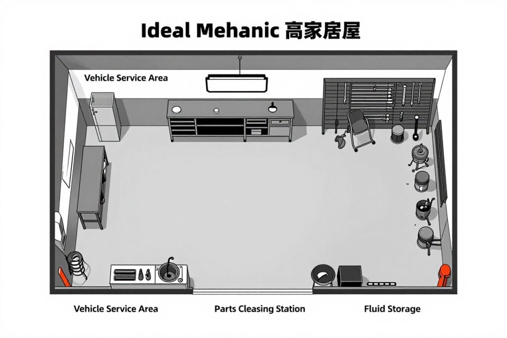 Mechanic garage layout diagram showing different work zones
