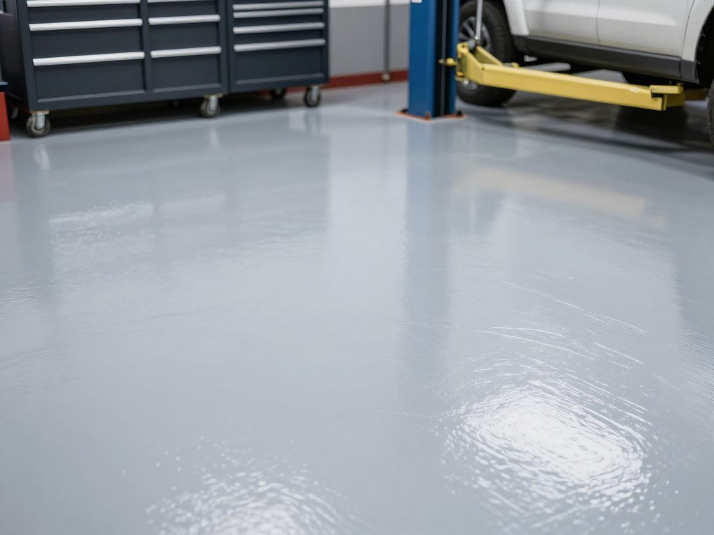 Mechanic garage with glossy epoxy floor coating