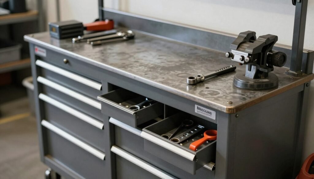 Mechanic's garage workbench with tool storage and oil-resistant top