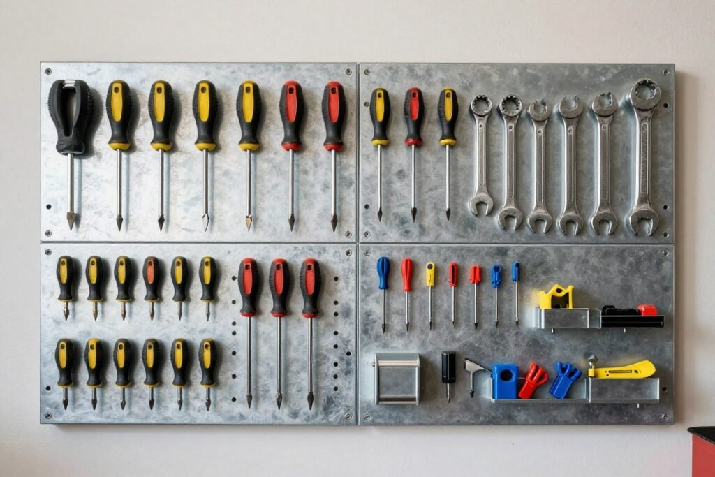 Metal pegboard with organized hand tools and accessories
