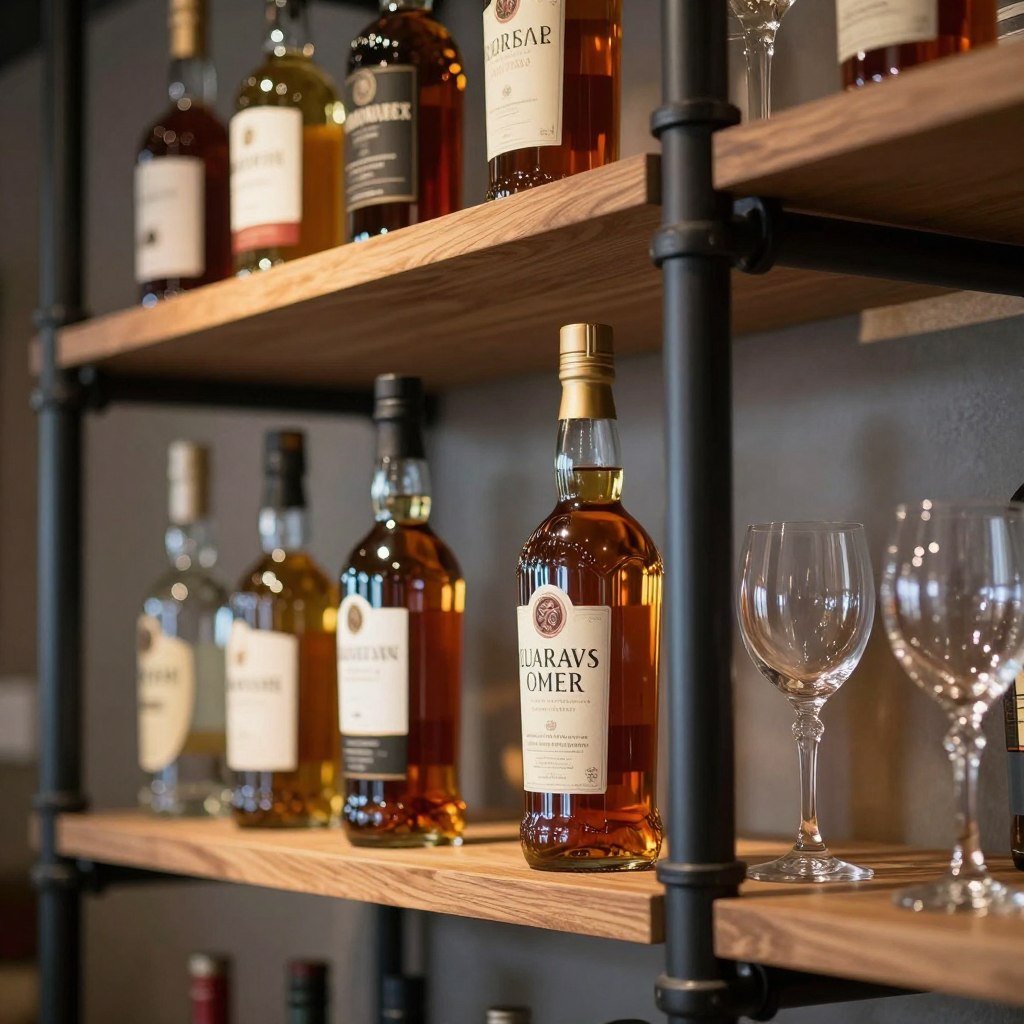 Metal pipe shelving with bottles and glasses