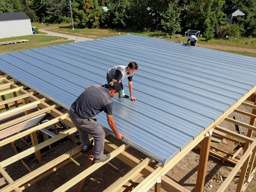 Metal roofing installation on a pole barn garage