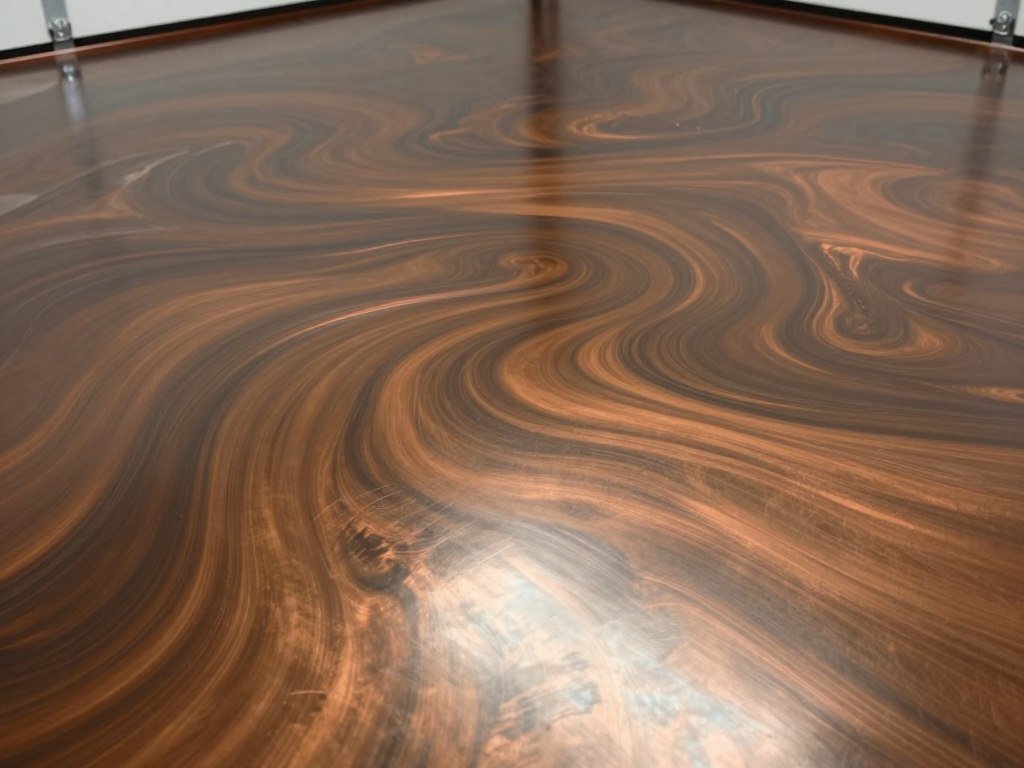 Metallic epoxy garage floor with swirling copper and bronze patterns