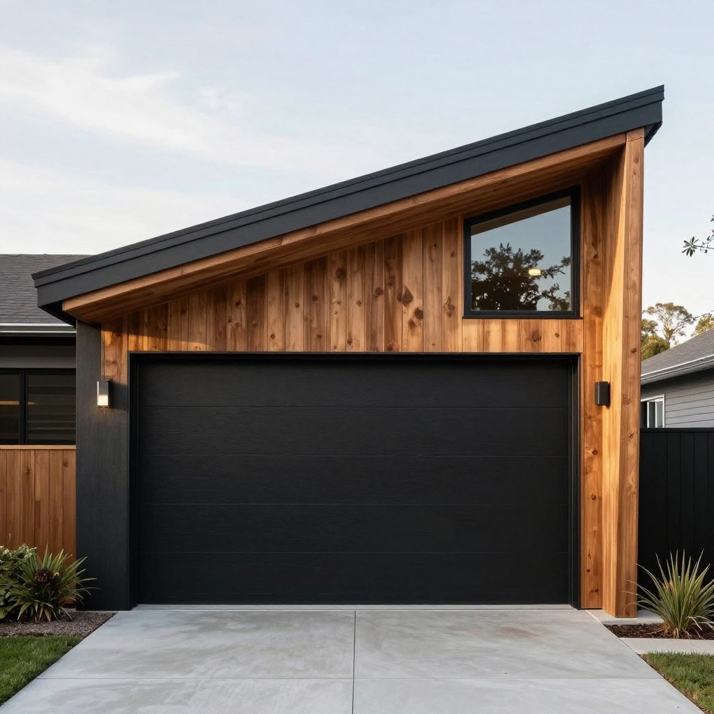 Mid-century modern home with black garage door and wood accents