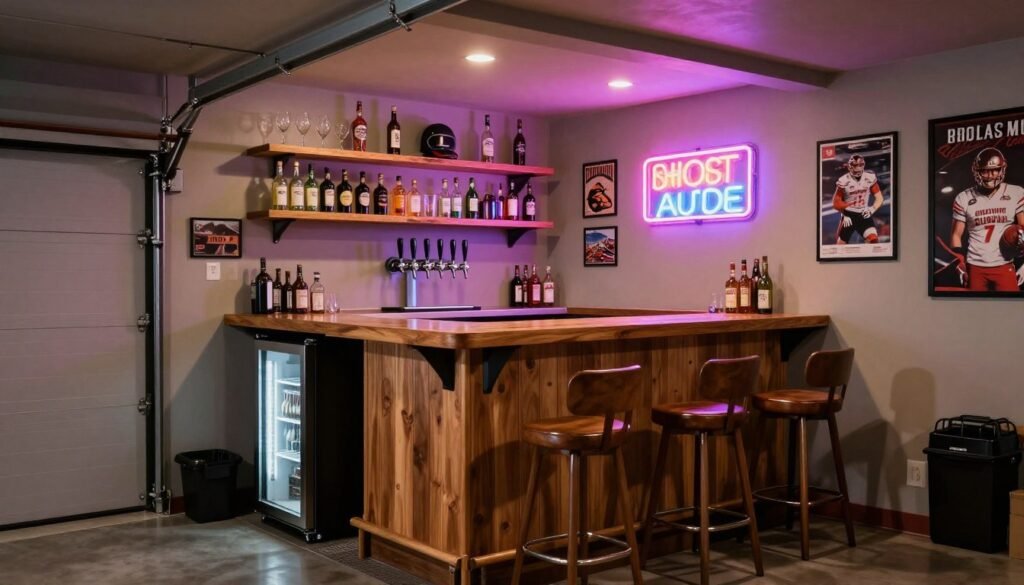 Mini bar area in a man cave garage with refrigerator, shelving for glasses, and bar stools