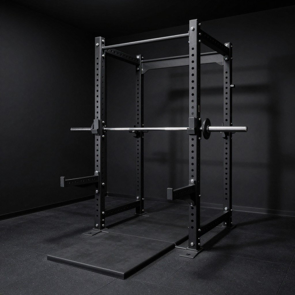 Minimalist black garage gym with power rack and platform