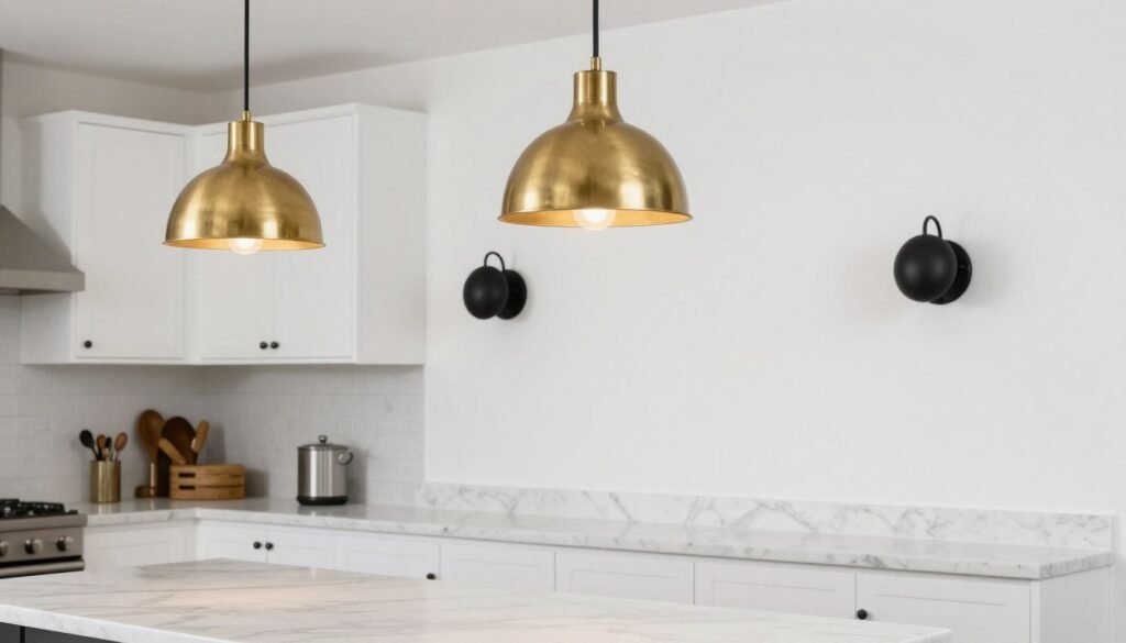 Mixed metal finishes in kitchen lighting with brass pendants and matte black sconces Mixed metal finishes in kitchen lighting with brass pendants and matte black sconces