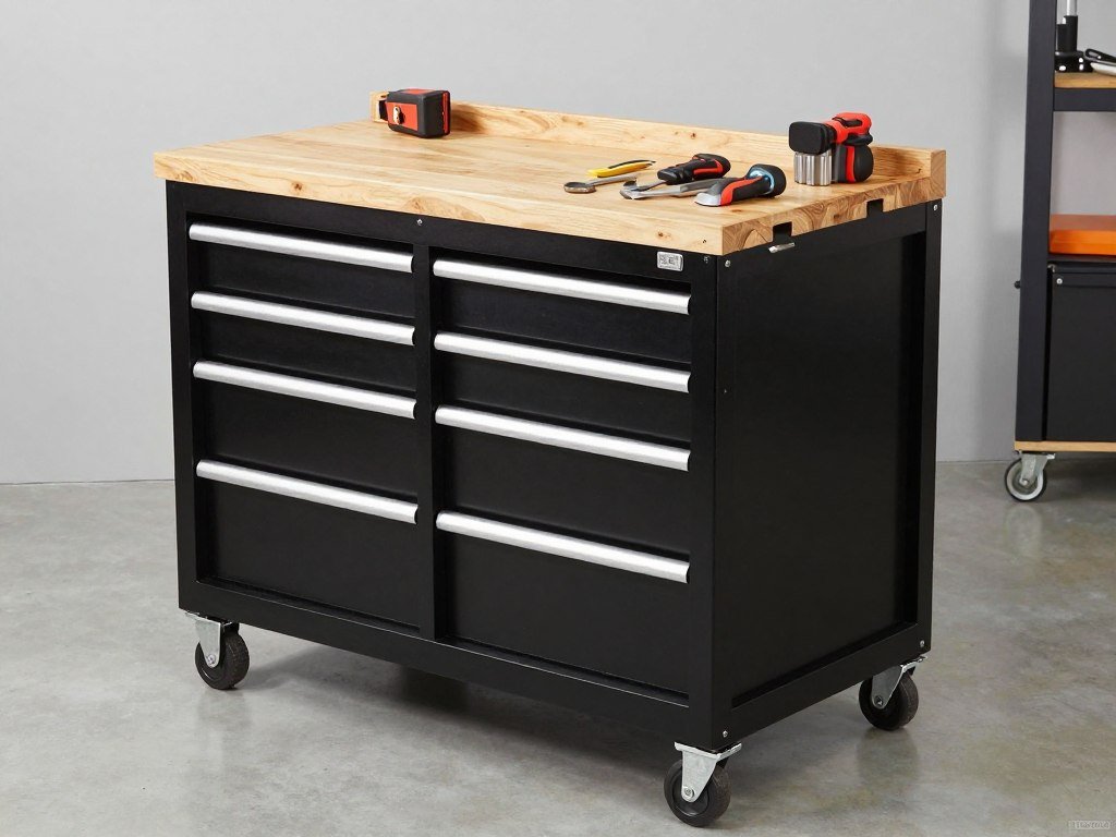 Mobile garage workbench with locking casters and storage drawers