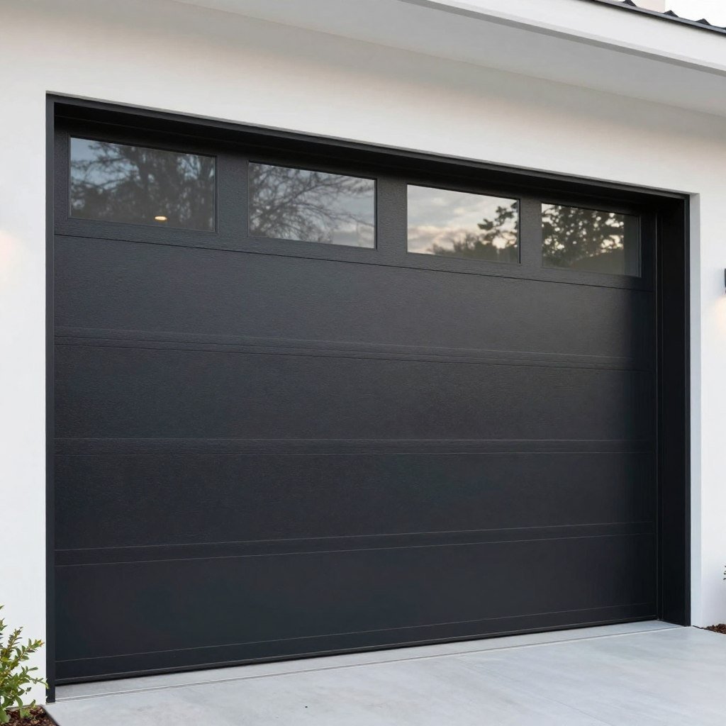 Modern black aluminum garage door with glass panels