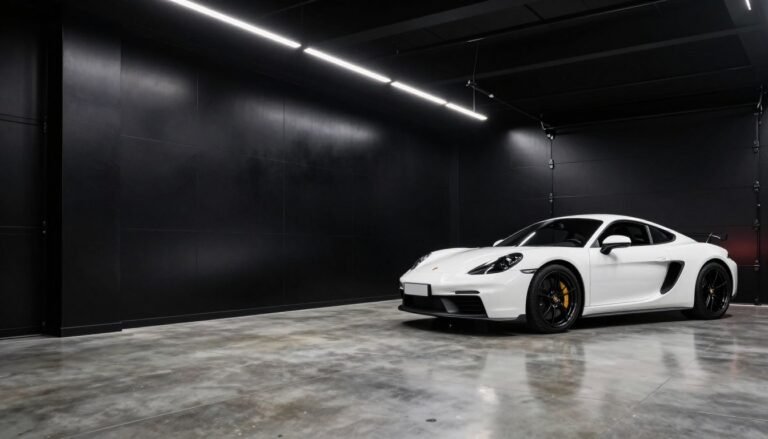 Modern black garage interior with white sports car and LED lighting