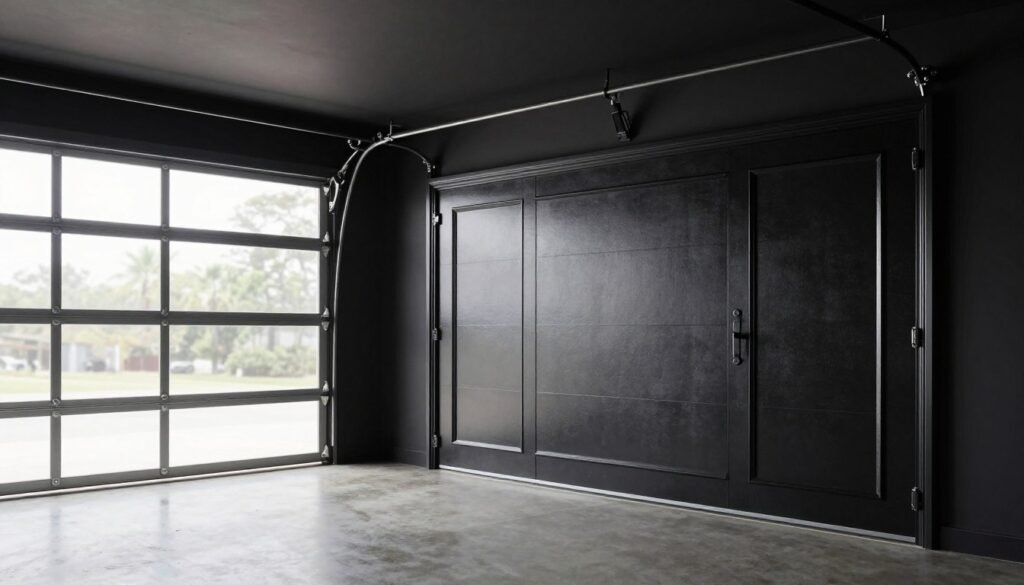 Modern black garage with glass panel garage door allowing natural light