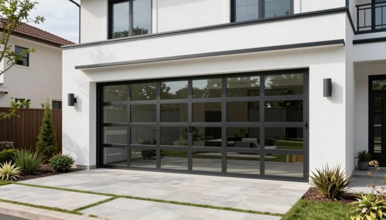 Modern detached garage with glass doors and landscaping