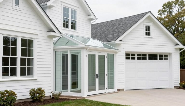 Modern enclosed glass breezeway connecting a white house to matching garage