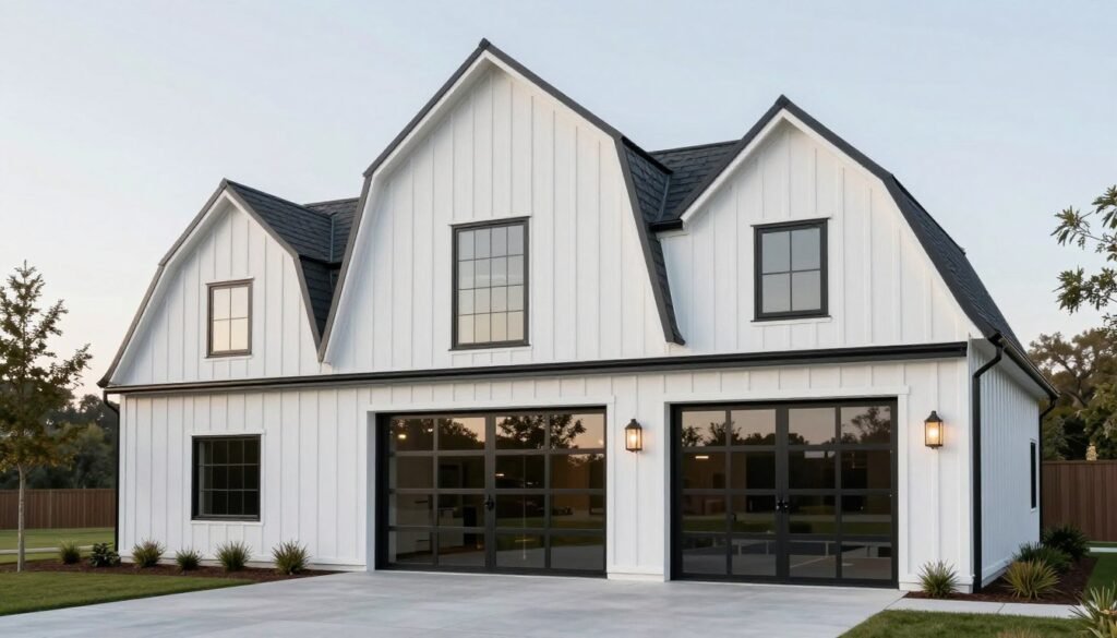 Modern farmhouse style barn garage with black accents and glass doors Modern farmhouse style barn garage with black accents and glass doors